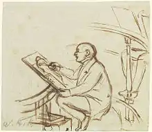 balding man sketching a naked figure