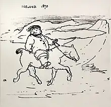 Bilbo's character and adventures match many details of William Morris's expedition in Iceland. Cartoon of Morris riding a pony by his travelling companion Edward Burne-Jones (1870)