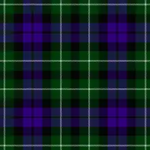 A tartan of purple and black bands on a green ground, with thin over-check of white on green and thinner of black, on purple
