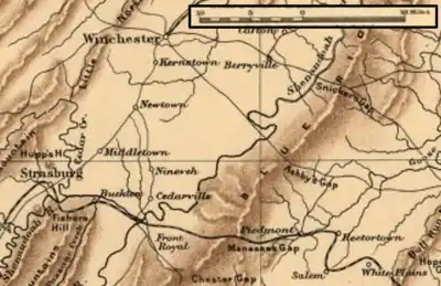 map of Shenandoah Valley region where Civil War battles occurred in 1864