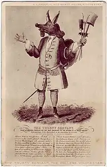 Old-fashioned allegorical print of a man in a long buttoned coat and hose, wearing a sword and holding tools in his hand, with a pig's head and donkey's ears