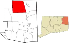 Woodstock's location within Windham County and Connecticut