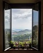 Window in a San Gimignano cafe, facing eastward