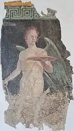 Winged genius, fragment. Second-style mural painting, Roman artwork, late 1st century BCE.