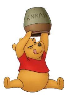 A yellow cartoon teddy bear with a red shirt, holding up an empty honey pot with his tongue sticking out.