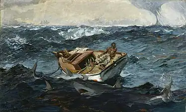 African American man in a boat at sea, surrounded by sharks and waves