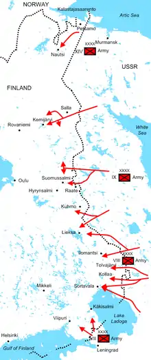 Diagram of Soviet offensives at the start of the war illustrating the positions of the four Soviet armies and their attack routes. The Red Army invaded dozens of kilometres deep into Finland along the 1,340 km border during the first month of the war.
