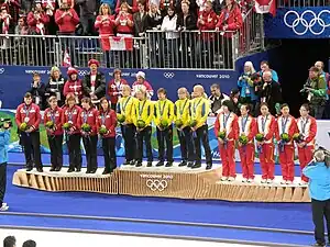 Three groups of women holding bouquets stand on a podium. The group on the left are wearing red tops and black pants, and have silver medals around their necks. The group on the center are wearing yellow tops and black pants, and have gold medals around their necks. The group on the right are wearing mostly white tops with red pants, and have bronze medals around their necks.