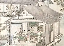 A small ink drawing showing a group of women inside an open-walled house preparing trays of mulberry leaves; more trays are stacked in another room behind them.