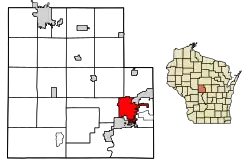 Location of Wisconsin Rapids in Wood County, Wisconsin.