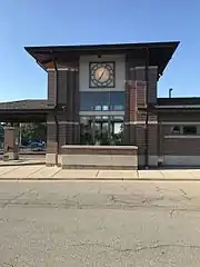 The clock tower of the Wood Dale station.