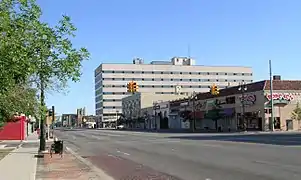 Woodward Avenue looking north just past Grand Boulevard at the  Lakeshore Global Building