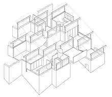 Axonometric drawing showing the sidestepping walls of the Woolley House in Mosman.