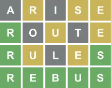 A four-row grid of white letters in colored square tiles, with 5 letters in each row, reading ARISE, ROUTE, RULES, REBUS. The A, I, O, T, and L are in gray squares; the R, S, and E of ARISE, U and E of ROUTE, and U and E of RULES are in yellow squares, and the R of ROUTE, R and S of RULES, and all letters of REBUS are in green squares.