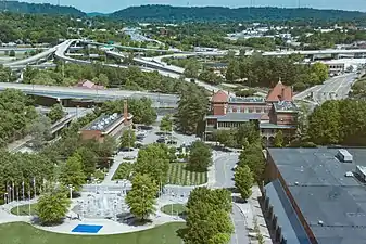 Northern portion of the park, with the East Tennessee Veterans Memorial in the center, World's Fair Exhibition Hall to the bottom right, and L&N STEM Academy to the upper right.