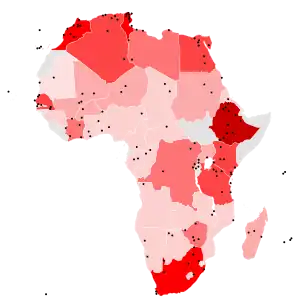 A map of World Heritage Sites in Africa as of 2016. The northern, eastern, and southern parts of the continent are relatively dense with sites; in contrast the western coast is home to relatively few.