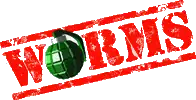 The word WORMS written in a red military style stencil font, the letter 'O' is replaced with a green grenade.