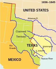 In 1837, the Republic of Texas claimed a large swath of disputed land to its south and west; it bordered the United States and its territories to the north and east.