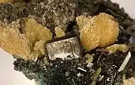 A rare and fine combination plate from the Tsumeb Mine. Glassy, mostly transparent, smoky-colored wulfenite crystals with sharp beveled edges are richly and aesthetically scattered on the matrix. Bundles of lustrous, yellowish-tan mimetite are concentrated at the top of the piece, and the largest wulfenite, at 9 mm, is aesthetically framed by two mimetite crystal clusters.