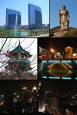 Clockwise:SanYang Plaza,Lake Tai Plaza,Lake Tai New City,NianHuaWan,Lake Tai Bridge,Yixing