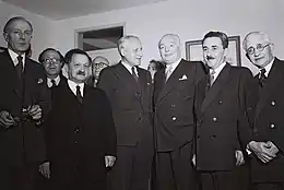 L-R: W. G. Hall, Moshe Rosetti, Yosef Sprinzak, Alexander Knox Helm, Leslie Hore-Belisha, and Moshe Sharett in the Knesset, 1951