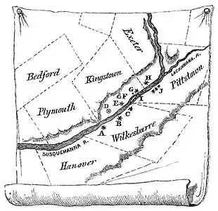 Wyoming Valley Forts: A-Fort Durkee, B-Fort Wyoming or Wilkesbarre, C-Fort Ogden, D-Kingston Village, E-Forty Fort, G-Battleground, H-Fort Jenkins, I-Monocasy Island, J-Pittstown stockades, G-Queen Esther's Rock