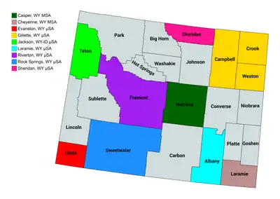 Map of the nine core-based statistical areas in Wyoming.