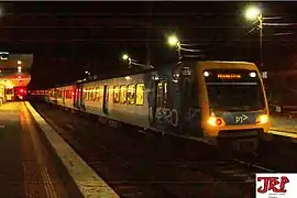 X'trapolis 100 107M-T-108M-229M-T-230M, operating the 12:41am Frankston service, the last Frankston-bound train to stop at the former station, July 2019
