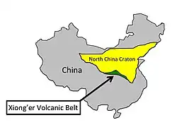 Figure 1: This figure shows the Xiong'er Volcanic Belt in green on the southern edge of the North China craton