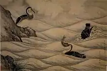 Kamashiro Yuhi's Cormorants catching fish, a hanging scroll on silk. (1755)
