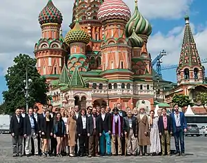 Members of the Yale Russian Chorus in front of Saint Basil's Cathedral during its 2019 Russia tour.