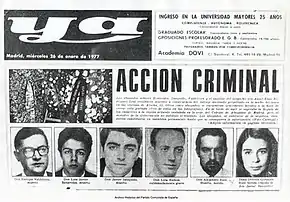 Image of the front page of a Spanish language newspaper showing six individual passport type photographs of the victims, a photograph of two funeral wreathes and a two-word headline in bold letters which reads, "Accion Criminal"