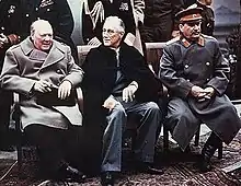 Winston Churchill in a British Warm coat; Stalin in a greatcoat, Yalta, 1945.