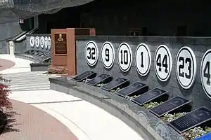 Row of blue numbers with a plaque splitting the row up