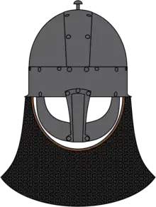 Yarm helmet (10th century) drawing with a hypothetical enclosed aventail with loose front