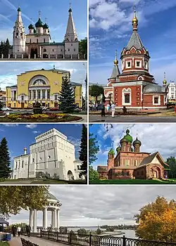 Clockwise, from top right: St. Alexander Nevsky's Chapel, St. John the Baptist's Church, Strelka Park from Volga Embankment, Znamenskaya Tower, Volkov Theater, St. Elijah the Prophet's Church