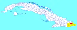 Yateras municipality (red) within  Guantánamo Province (yellow) and Cuba