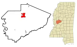 Location of Yazoo City, Mississippi in Mississippi