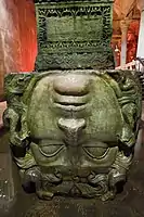 An ancient Roman carving of the Medusa, now spolia in use as a column base in the Basilica Cistern