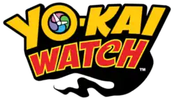 Logo of the series, with the word "YO-KAI" written in a yellow font and the O made to resemble the eponymous device, with a multicolored face and white hands; and the word "WATCH" in a red font, with the C being stylized. The words are surrounded by a tapering black wisp.