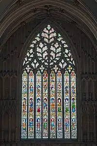 The Great West Window (1338–39), known as "The Heart of Yorkshire", with curvilinear tracery in the Decorated style