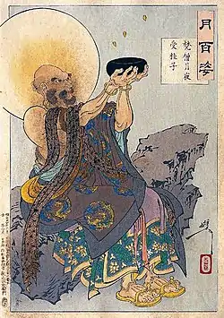 Tsukioka Yoshitoshi, A Buddhist monk receives cassia seeds on a moonlit night or Bonso tsukiyo ni keishi o uku, from 100 Aspects of the Moon, before 1892