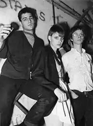 The Young Snakes backstage at the Underground, Allston, Massachusetts. From left to right are Dave Bass Brown, Aimee Mann, and Doug Vargas.