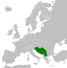 Map of Europe in 1989, showing Yugoslaviahighlighted in green