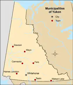Map showing locations of all municipalities of Yukon
