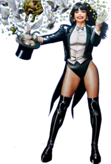 Zatanna in a stage magician's uniform, pulling a variety of creatures out of a top hat and smiling.