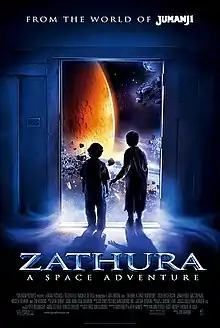 The silhouette of two boys in a doorway, outside the door can be seen a space scene, including a planet with an asteroid belt