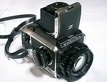 Medium format SLR by Bronica (Model S2), Japan. Bronica's later model—the Bronica EC—was the first medium format SLR camera to use an electrically operated focal-plane shutter