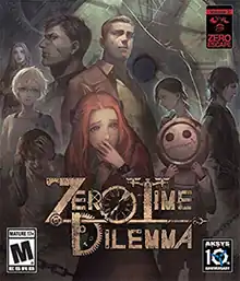 The cover art shows the game's nine main characters, and the shadow of Zero cast on a clockface. The logo shows "Zero Time Dilemma" written with clockwork parts.