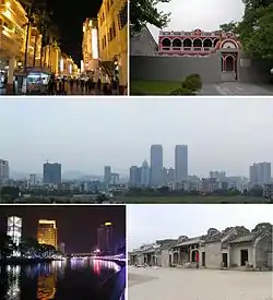 From top down, left to right: Sunwen West Road; Former residence of Sun Yat-sen; Dongqu Subdistrict; Shiqi River (石岐河); Chen ancestral shrine in Chadong Village (茶东陈氏宗祠)